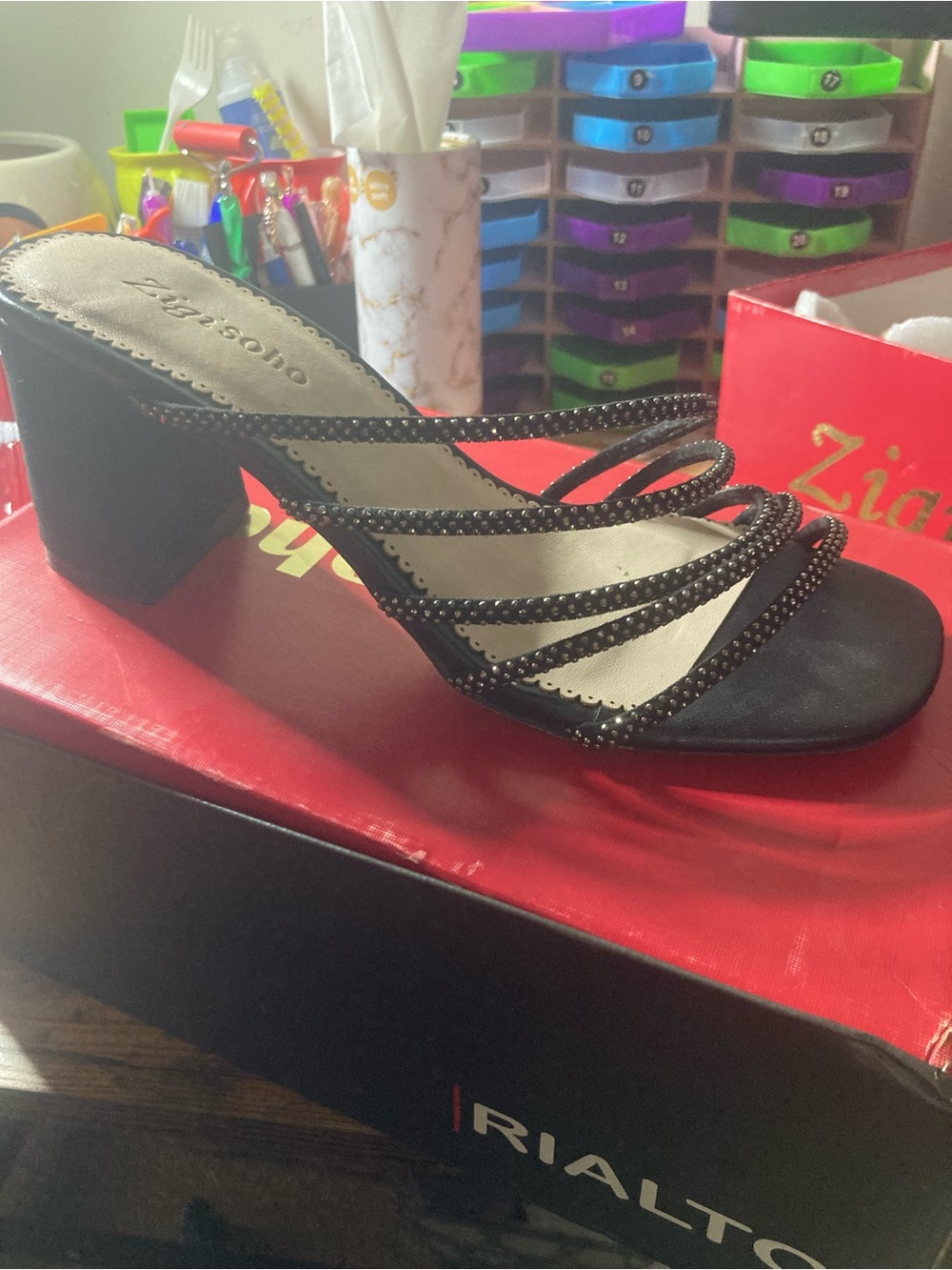 Rialto Black Crystal-Strap Block Heel Mule